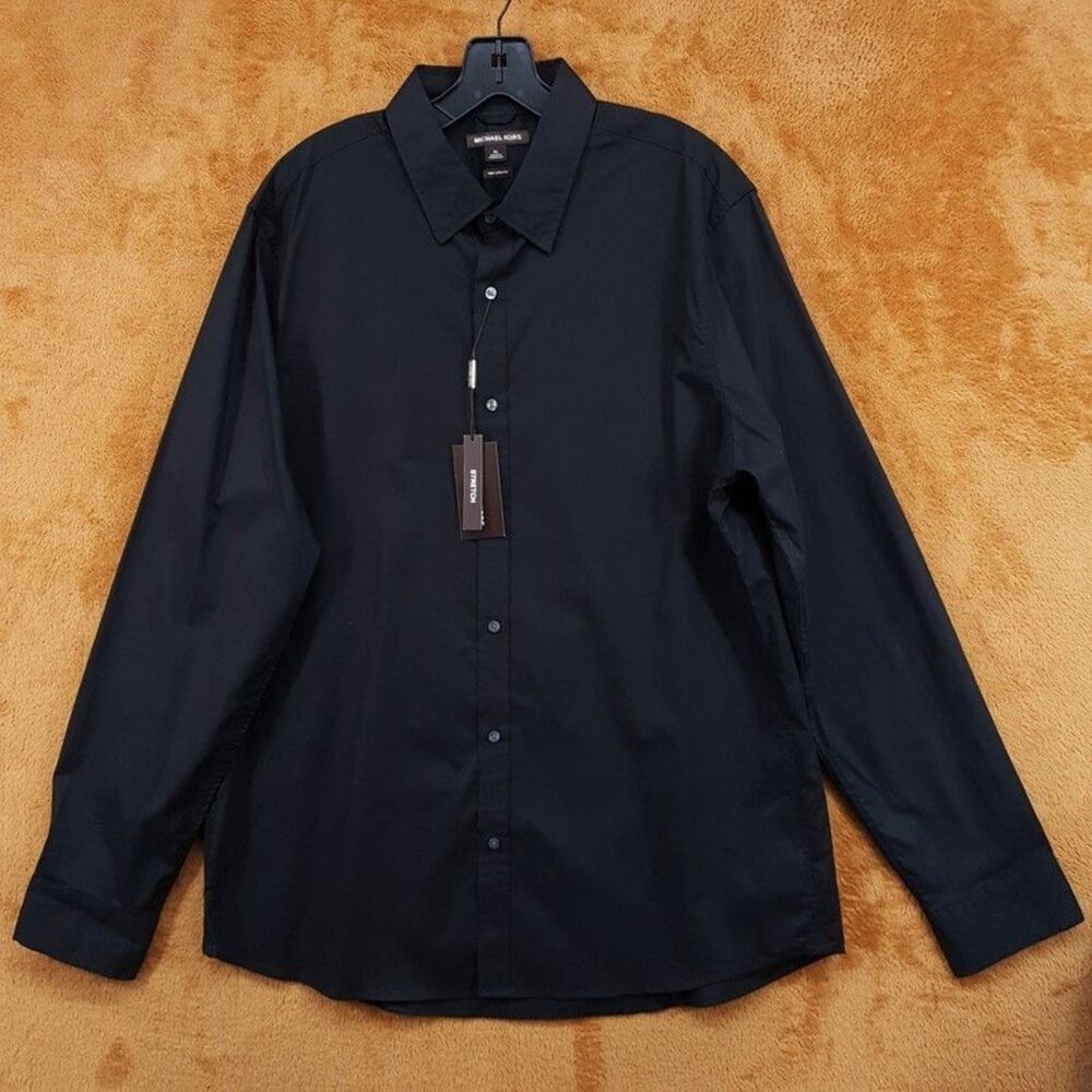 MICHAEL KORS Dress Shirt Mens XL Solid Black Trim Stretch Tailored Fit Cotton